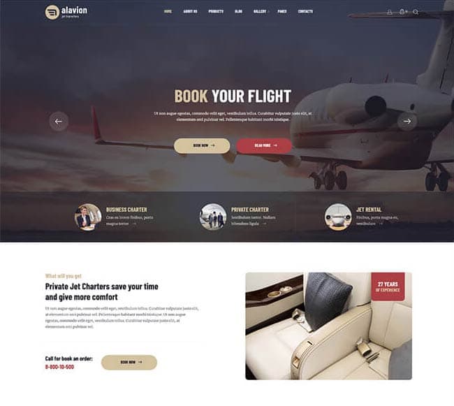 Alavion, tema WordPress para negocio de alquiler de aeronaves y jets privados