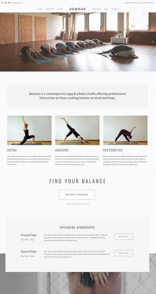 Somnus, tema WordPress para el sitio web de un centro de pilates o yoga