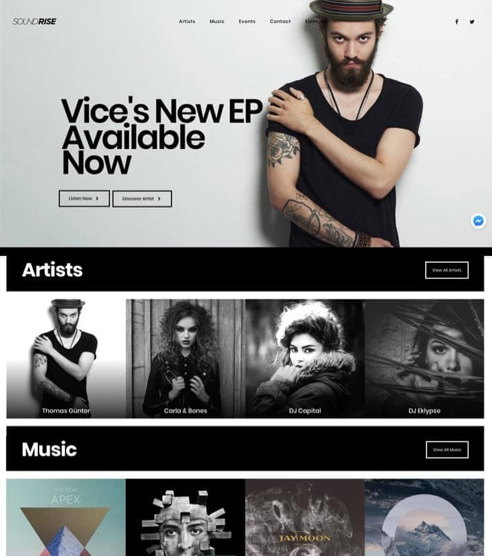 SoundRise tema WordPress para discográfica productores musicales o agencias representación artística