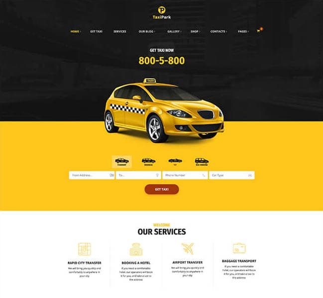 TaxiPark, tema WordPress para crear e sitio web de una empresa de servicios de taxis