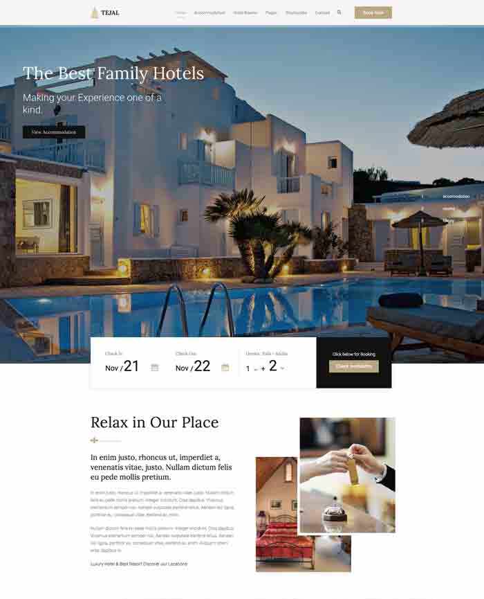 Tejal, tema WordPress para hotel con sistema de reserva online de habitaciones