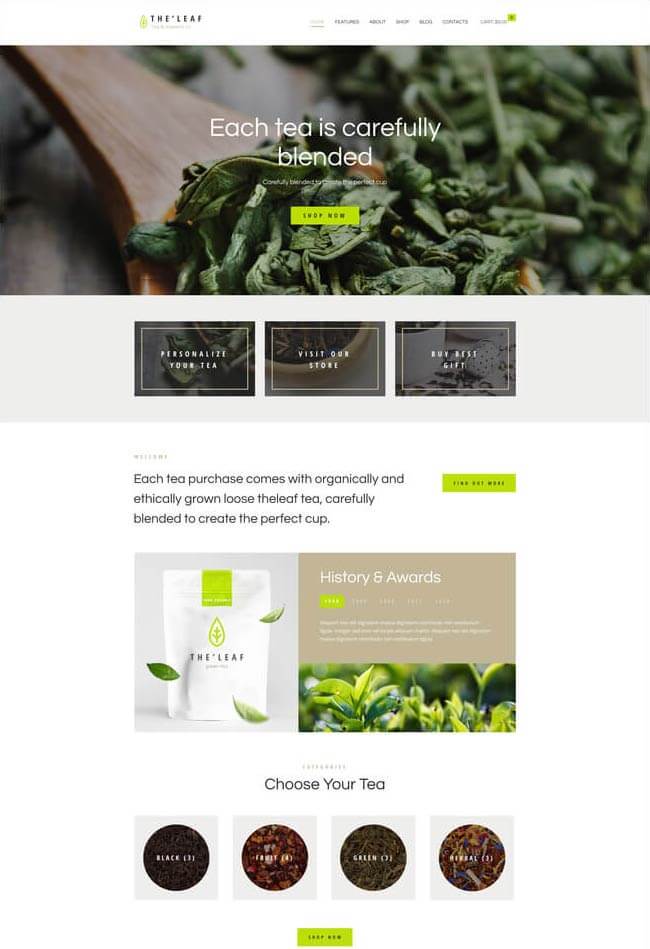 TheLeaf - Tema WordPress para empresa de producción de té y una cafetería online