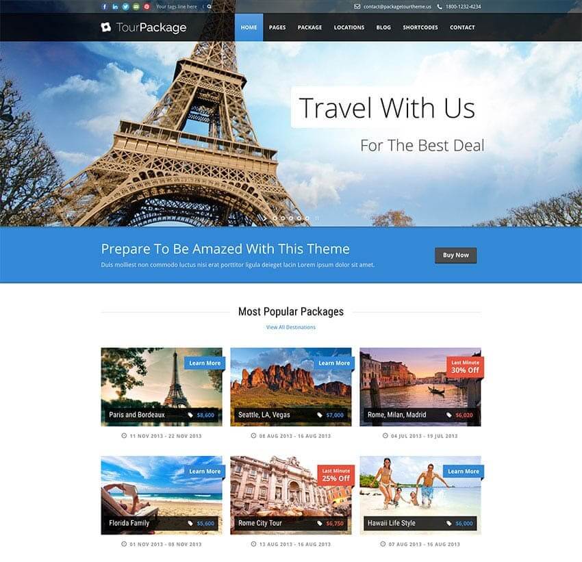 Tour Package, tema WordPress para crear el sitio web de una agencia de viajes y tours turísticos