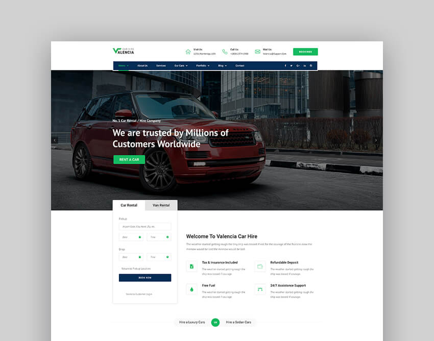 Valencia, tema WordPress para crear sitio web de renting online de vehículos