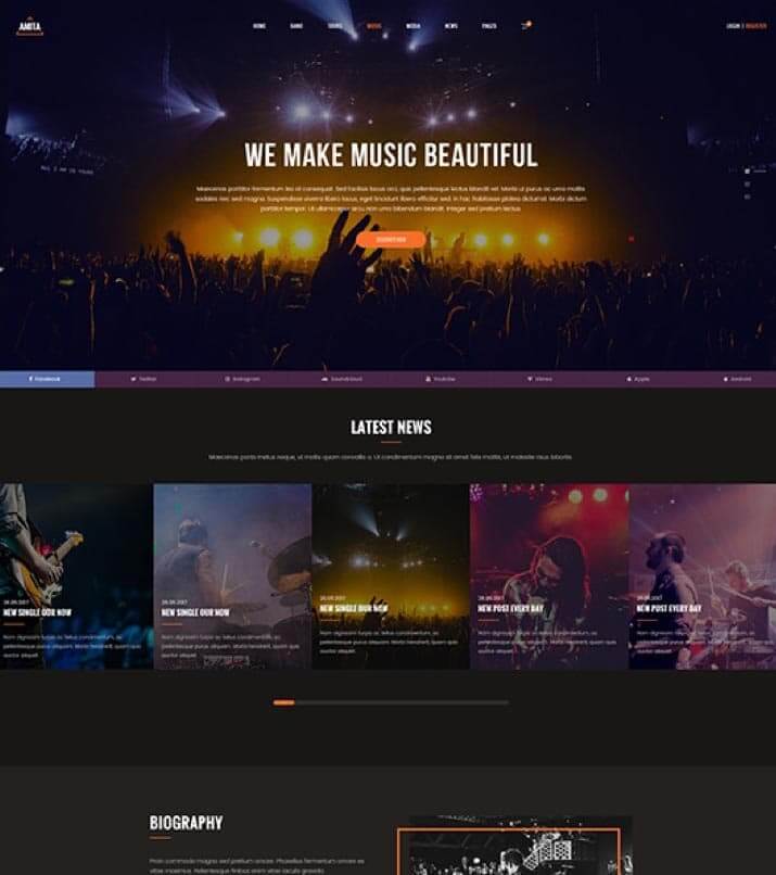 Amita, tema WordPress para web sobre música con discografía, listas de reproducción de audio y vídeo