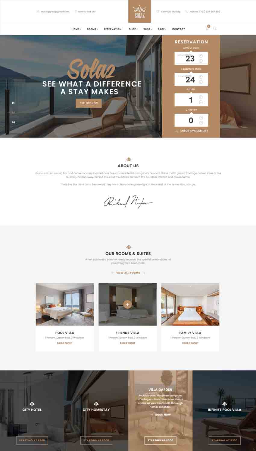 Solaz - Tema WordPress para web de hotel elegante