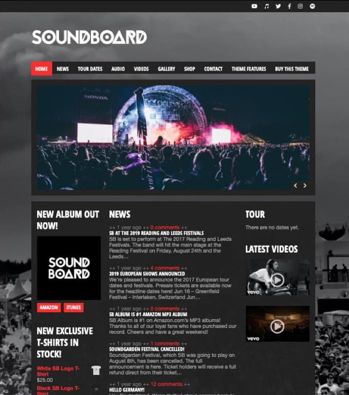 Soundboard | Tema WordPress para grupo música o cantante con calendario de conciertos, discografía y galería de vídeos