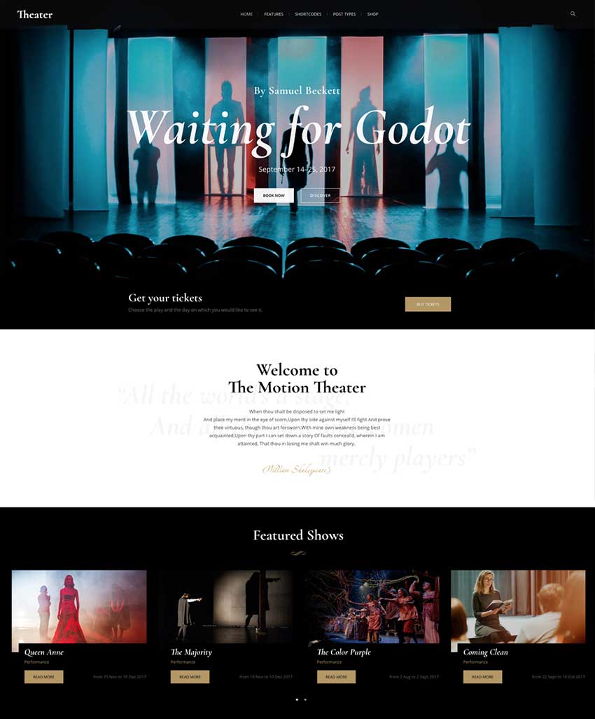 Theater, tema WordPress para un sitio web dedicado a la interpretación actoral, para teatro, ópera y eventos artísticos