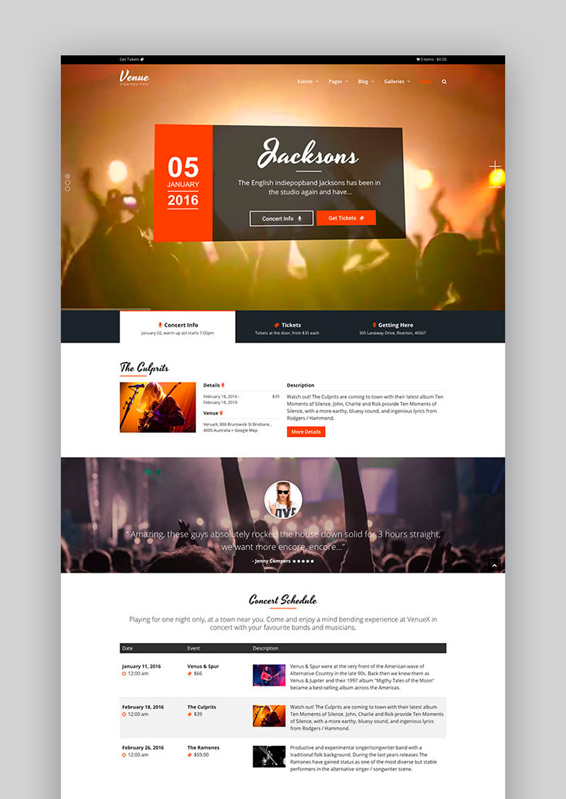 Venue X, tema WordPress para crear sitio web de venta de entradas a salas, conciertos y eventos. Venue X - Tema WordPress para eventos